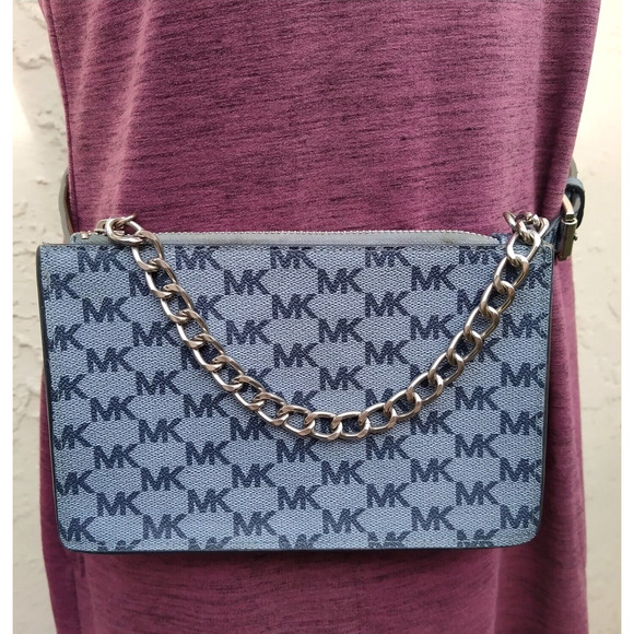 Michael Kors Blue Denim MK Logo Silver Chain Pull Women's Waist Pack Bell Bag - Picture 3 of 16